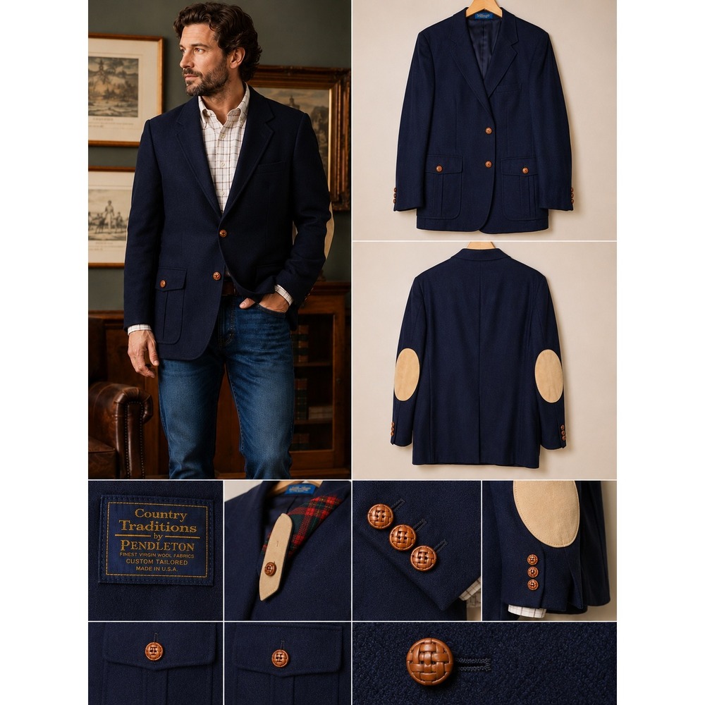 Pendleton Navy Blue Sport Coat with Tan Elbow Patches